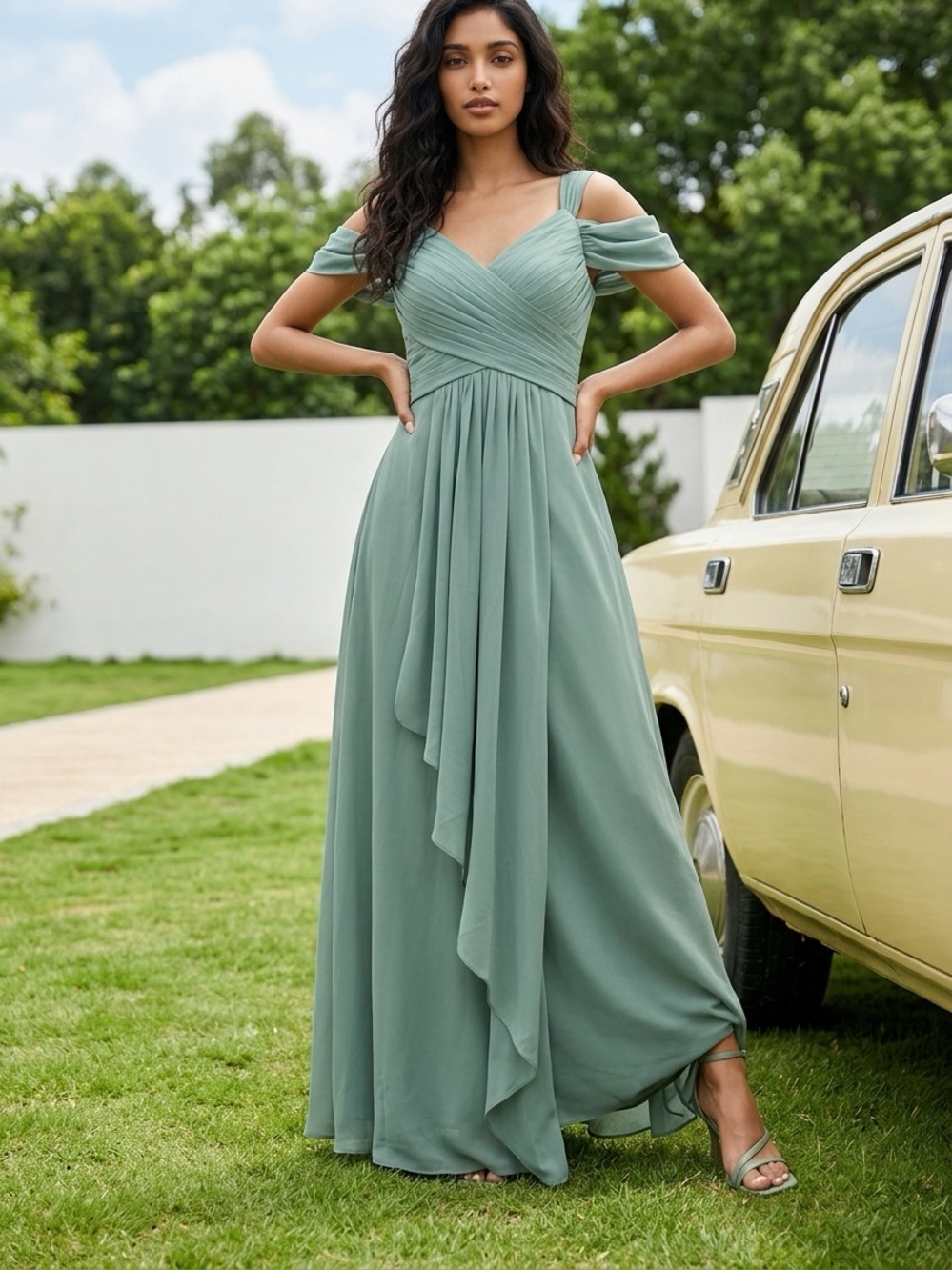 Seafoam Green Off-Shoulder Chiffon Evening Dress